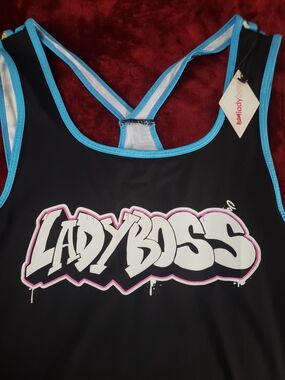 LadyBoss Graphic Tank Top in Black with Blue Trim